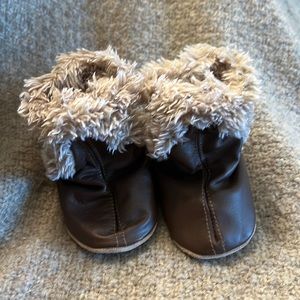 leather 0-6 month baby booties with shearling trim; like new